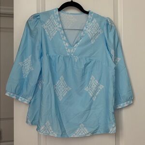 NWOT Light Blue Blouse with White Pattern